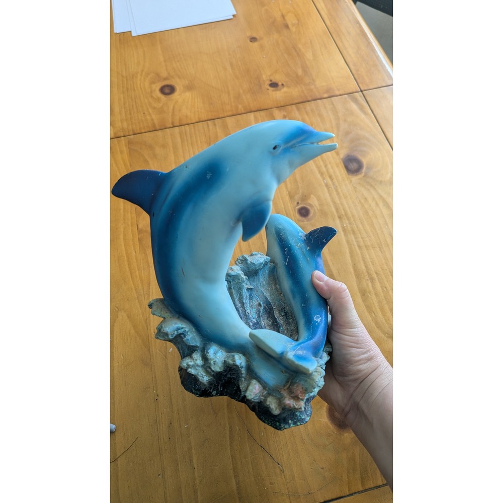 Vintage Style Blue Resin Double Dolphin Leaping Ocean Wave Figurine‎ Statue 9in